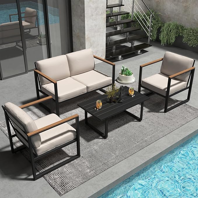 4-Piece Outdoor Patio Furniture Set, Black Metal Frame Patio Conversation Sets Patio Furniture with Loveseat, 2 Armchairs, Coffee Table & High-Resiliency Beige Cushions for Backyard, Balcony, Garden
