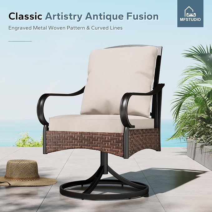 MFSTUDIO Outdoor Patio Dining Set for 6, Outdoor Table and Chairs for 6, Rectangular Metal Table with 2 Swivel Chairs & 4 Leg Chairs, 7 Pieces Patio Dining Furniture Set, 1.6-2'' Umbrella Hole