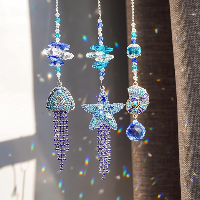 3 Pcs Rhinestone Crystal Ocean Suncatcher Pendants Window Decor | Rhinestone Crystal Suncatcher Pendants Starfish Jellyfish Conch with Beads Prism Hanging for Window Garden Wedding Decor