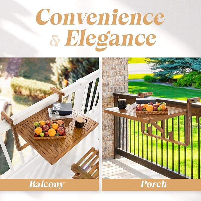 Idzo FSC Acacia Wood Folding Balcony Bar Table for Railings, Adjustable Height & Width, Teak Finish Durable Against Weather, Ideal Spacious Dimension of 27 9/16 x 23 7/16 Inch, Rectangular Design