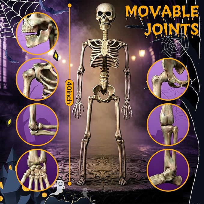 2-Pack 40" Pose-N-Stay Halloween Skeletons, Life-Size Full Body Realistic Posable Skeleton with Movable Joints, Spooky Haunted House Decor for Outdoor Yard, Patio & Front Porch