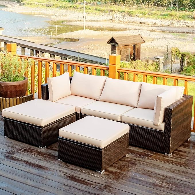 Tangkula 5 Piece Patio Furniture Set, Outdoor Sectional Rattan Sofa Set with Cushions and Coffee Table, Suitable for Backyard Porch Garden Poolside and Deck, Wicker Conversation Set (Brown)