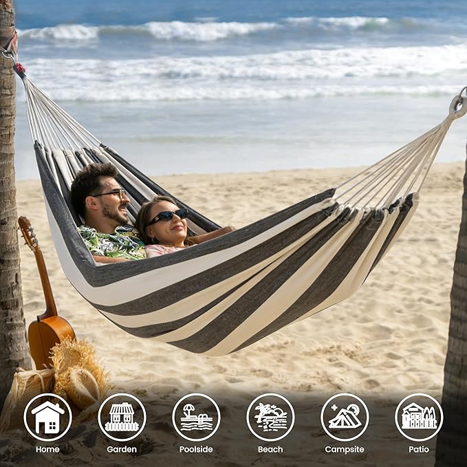 Lazy Daze Hammocks Extra Large Double Hammock, Portable Camping Hammock with Travel Bag & Tree Straps for Outdoor, Camping, Backyard, Patio, 550lbs Capacity, Black & White