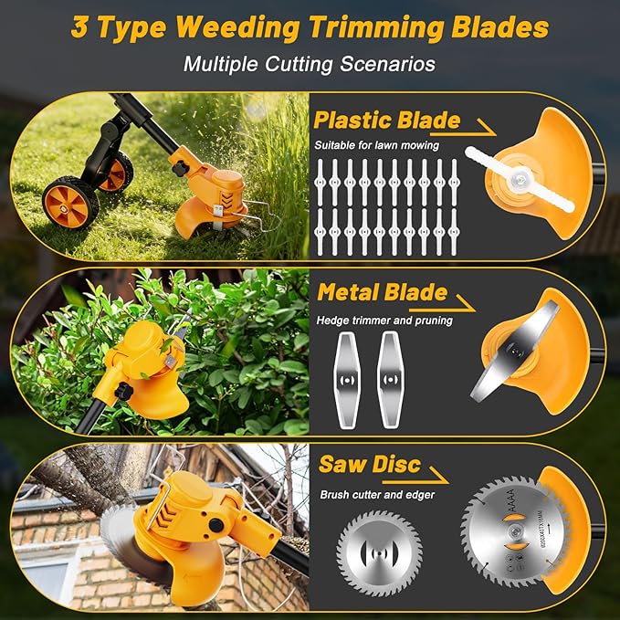 Electric Weed Wacker Cordless with Wheels,Electric Weed Eater Battery Powered,4 in 1 Grass Trimmer/Brush Cutter/Grass Edger/Small Lawn Mower,No String Trimmer with Metal Blade,2 Battery (Black Yellow)