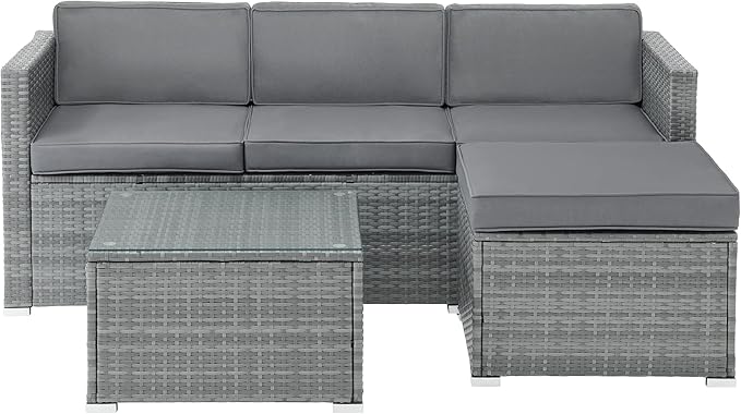 Patio Furniture Set - 3-Piece Rattan Outdoor Sectional, Ottoman, and Table Combo - Deck, Pool, Sunroom, or Backyard Furniture by Lavish Home (Gray)