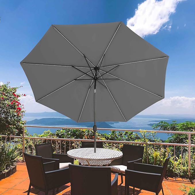 Sundale Outdoor Solar 88 LED 10 ft Patio Umbrella with Sand Bag Umbrella Base, Outdoor Umbrella with Tilt and Crank, Dark Grey