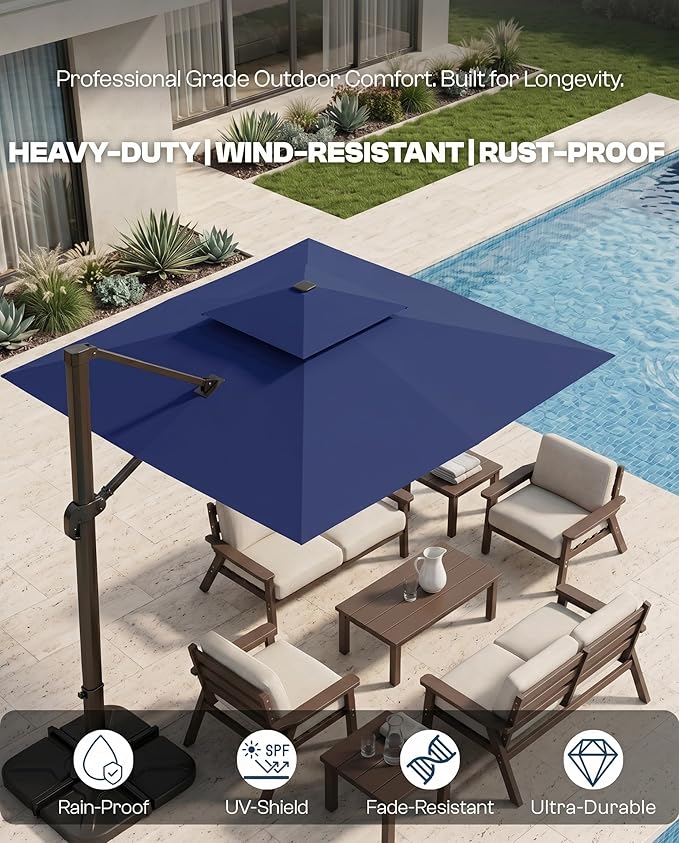 11' Patio Umbrella, Double Top Aluminum Cantilever Umbrella with 360°Rotation, Offset Patio Umbrella with Easy Tilt for Pool Deck Garden Backyard, Navy Blue (Base not Included)