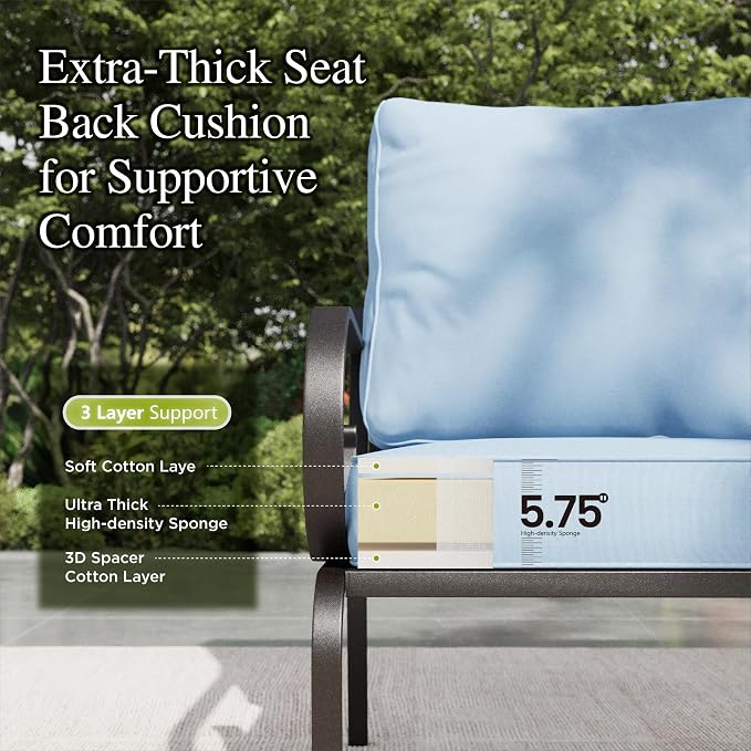 Sophia & William Patio Conversation Set for 7, 3-Seater Sofa, 4 Rocking Chairs and a Coffee Table, Metal Outdoor Furniture with 5.75" Extra Thick Cushions, Blue