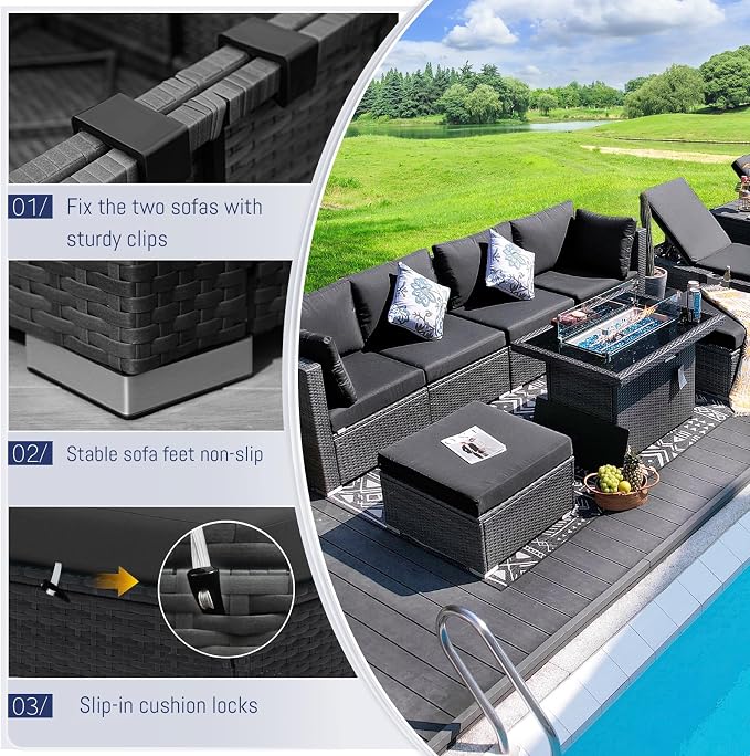 BULEXYARD 11 Piece High Back Outdoor Patio Set with Firepit, Extra Large Backyard Furniture Sectional Couch 10-Seater Modular, XL Big Wide Deep Outside Seating Area for Exterior, Dark Grey
