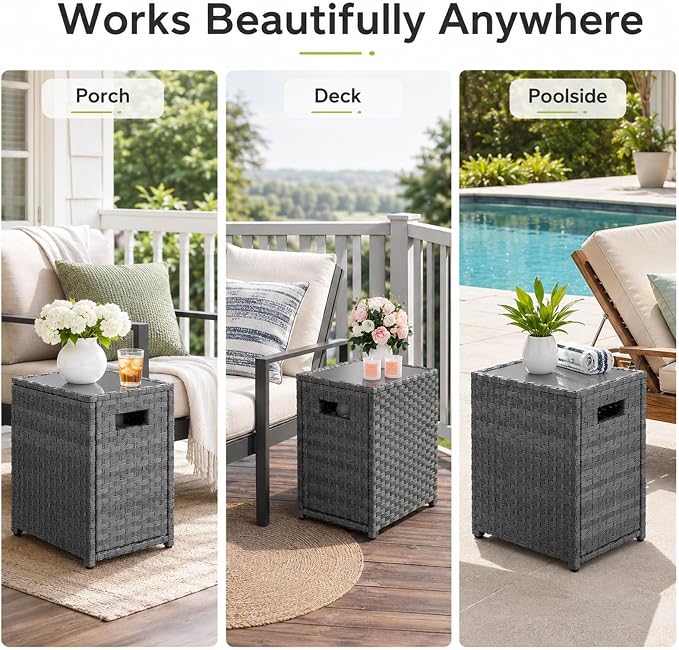 Restland Outdoor Wicker Table - Grey Rattan Coffee Table with Tempered Glass Top & Storage Cabinet, Multi-Functional End Table for Patio, Deck, Porch, 300LBS Load Bearing
