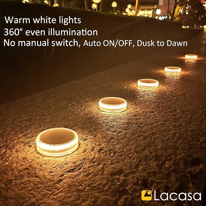 Lacasa 4-Pack Solar Deck Lights Outdoor Waterproof LED, Garden Step Lights Solar Powered Driveway Dock Lights Marine, Dusk to Dawn Lighting for Yard Patio Pathway, Round, Warm White