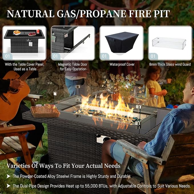 RADIATA 7 Piece Wicker Patio Furniture Set with Fire Pit, All-Weather Outdoor Sectional Couch High Back Large Size, Modular Backyard Seating Sofa Set with Propane/Natural Gas Firepit Table, Light Grey