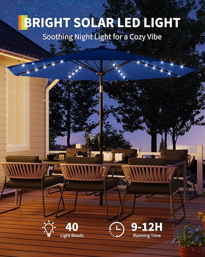 GarveeLife 10 ft Patio Umbrella with Solar Lights, 8 Ribs Outdoor Market Table Umbrella with 40 LED Lights & Tilt Crank for Pool, Deck, Backyard, Navy Blue