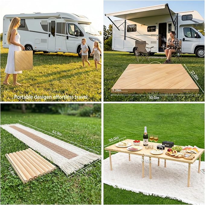 Upgraded Mini Low Wooden Folding Picnic Table with 8-Legs, Thick Varnished Tabletop, 44"×30" Portable Boho Beach Table with Table Runner for Yard, Indoor & Outdoor (Diagonal)