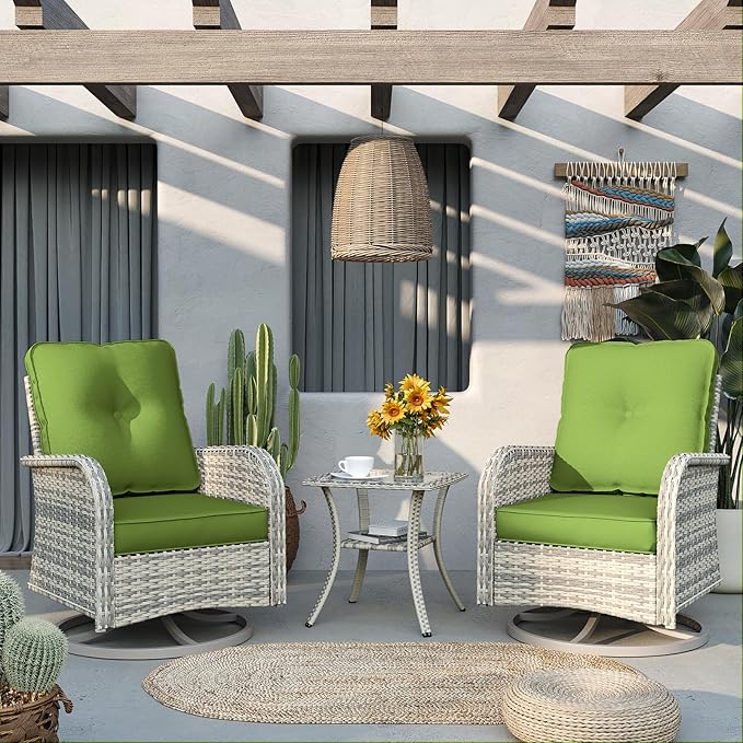 9-Piece Patio Rocking Swivel Chair Outdoor Wicker Rattan Bistro Set with Tempered Glass Side Table, Outdoor Patio Furniture Set for Garden, Deck, and Balcony, Avocado Green