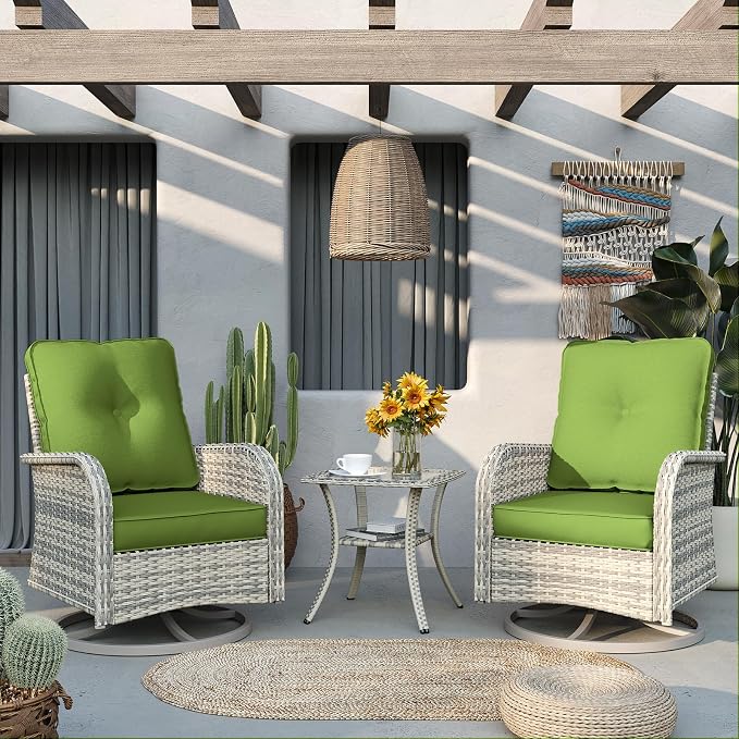 6-Piece Patio Rocking Swivel Chair Outdoor Wicker Rattan Bistro Set with Tempered Glass Side Table, Outdoor Patio Furniture Set for Garden, Deck, and Balcony, Avocado Green