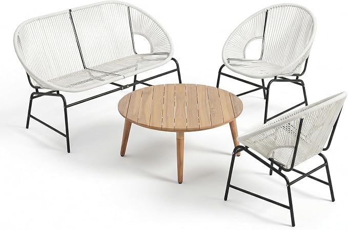 Christopher Knight Home Dessa 4 Piece Patio Furniture Set with Acacia Wood Coffee Table, 4 Seater PE Rattan Outdoor Conversation Set, Metal Outdoor Sectional Sofa Set, Beige+White, White
