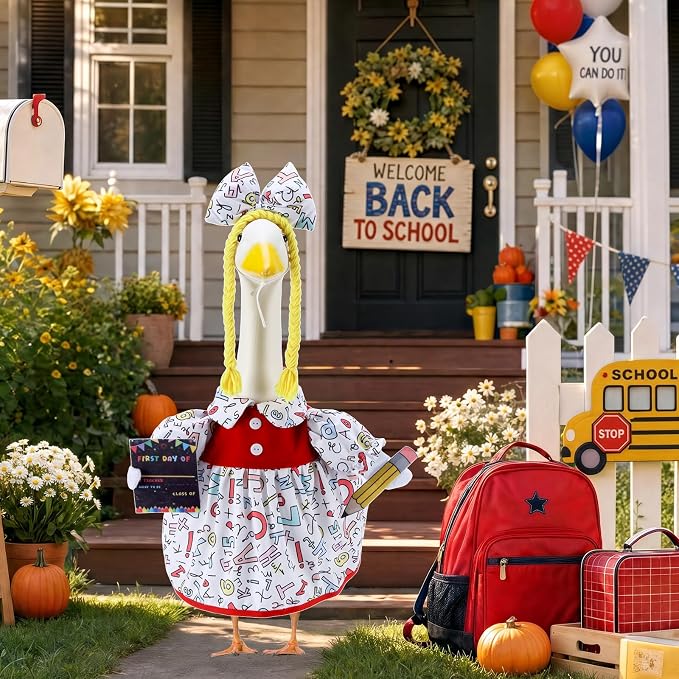 Back to School Porch Goose Outfits for 23 Inch Statue, First Day of School Costume for Cement Statue, Duck Sculpture Clothes for Classroom Patio Decoration