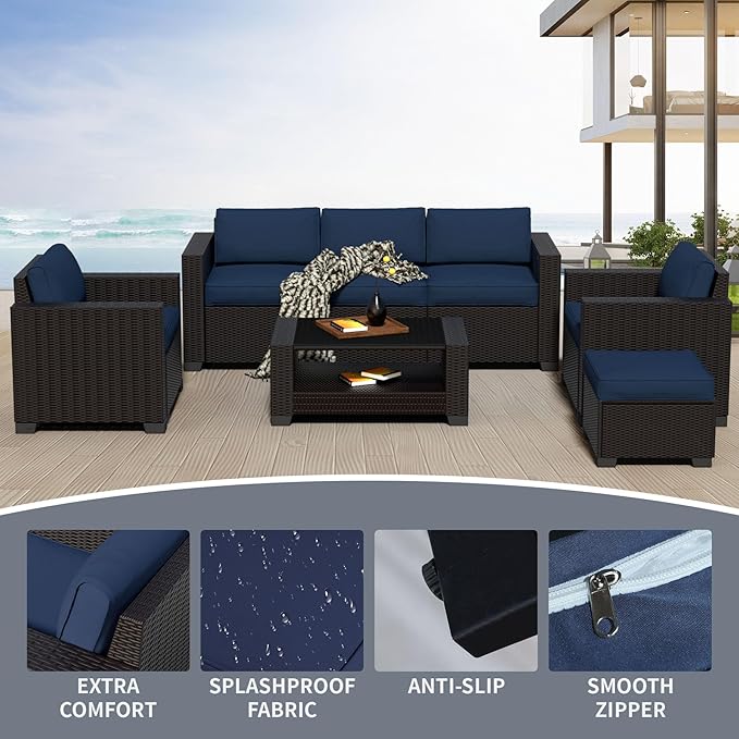 7 Pieces Patio Furniture Set Wicker Outdoor Furniture All-Weather Outdoor Sofa with Thick Cushions & Coffee Table Patio Conversation Set for Lawn, Balcony, Deck, Poolside, Darkbrown&Prussian Blue
