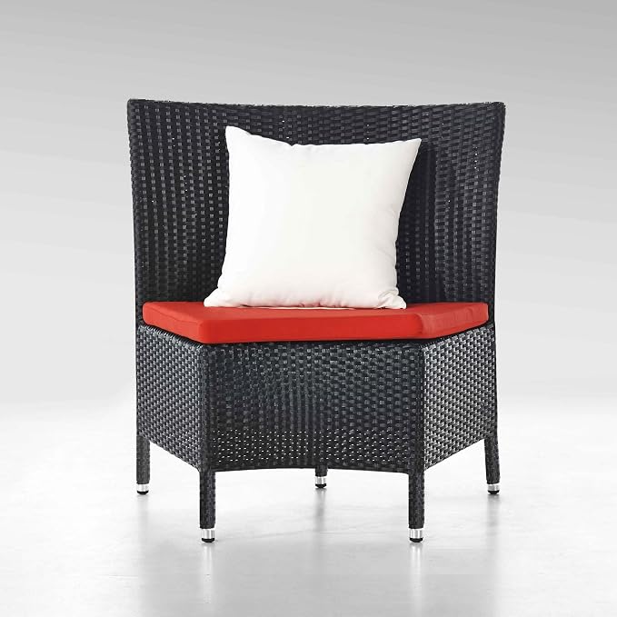 Manhattan Comfort Nightingdale 7 Piece Outdoor Dining Set with Round Glass Lazy Susan | Includes 6 Rattan Chairs, Water-Repellent Cushions and Toss Pillows, Patio Furniture, Black/Red/White