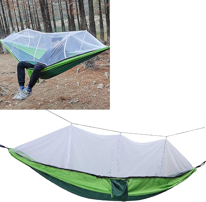 Camping Hammock with Net, Portable Outdoor Hammock Travel Bed 661lb Load Bearing Lightweight Portable Hammock with Net Nylon Material Hammock for Camping (Dark Green with Fruit