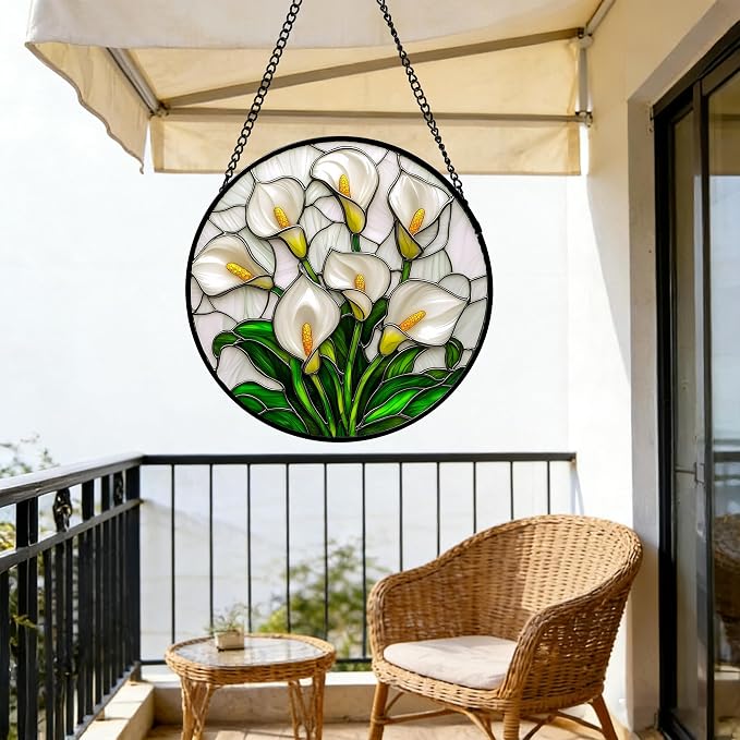 DASTOLL Stained Glass Window Hanging, White Calla Lily Suncatcher Diamond Glass Panel Hangings Flowers Sun Catchers Decor for Birthday for Women, Men, Wife, Aunt, and Mom 7.8 in