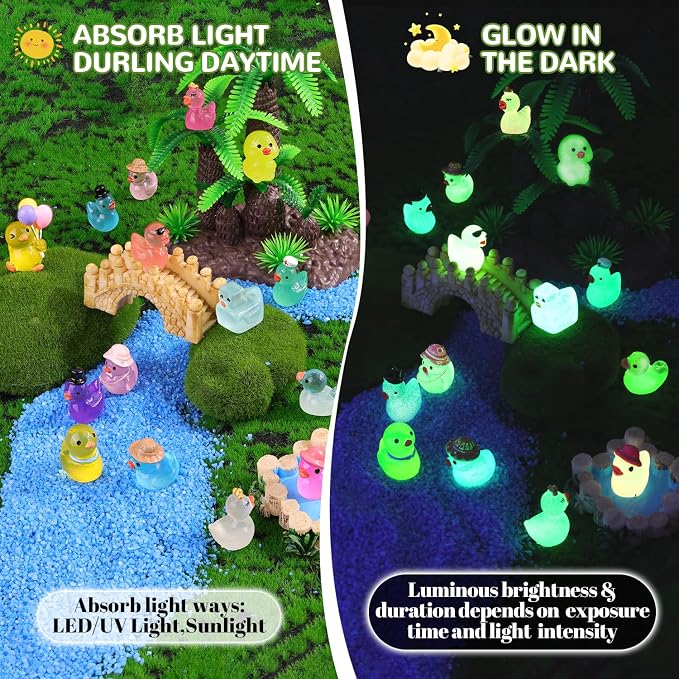 TINKRSTUFF 50PCS Mini Resin Animals Assorted Styles Tiny Ducks Glow in Dark,Miniature Duck Figures to Hide,Little Animal Bulk for Topper Desk Garden Landscape Aquarium DIY Crafts & Decor