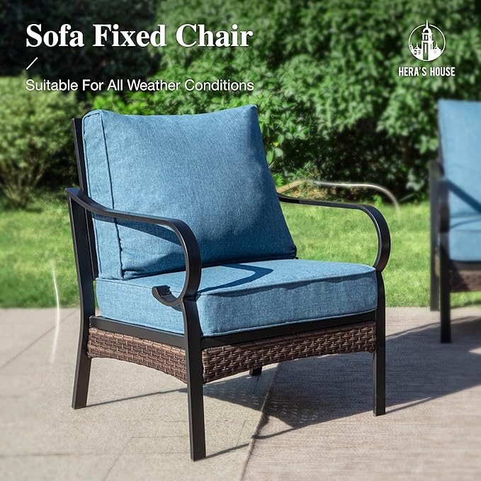 HERA'S HOUSE 5 Piece Metal Patio Furniture Set with 56" Fire Pit Table, All Weather Outdoor Conversation Set, 3 Seat Sofa with Loveseat, 2 Fixed Chairs, Seats 7 for Backyard, Garden, Deck, Navy Blue