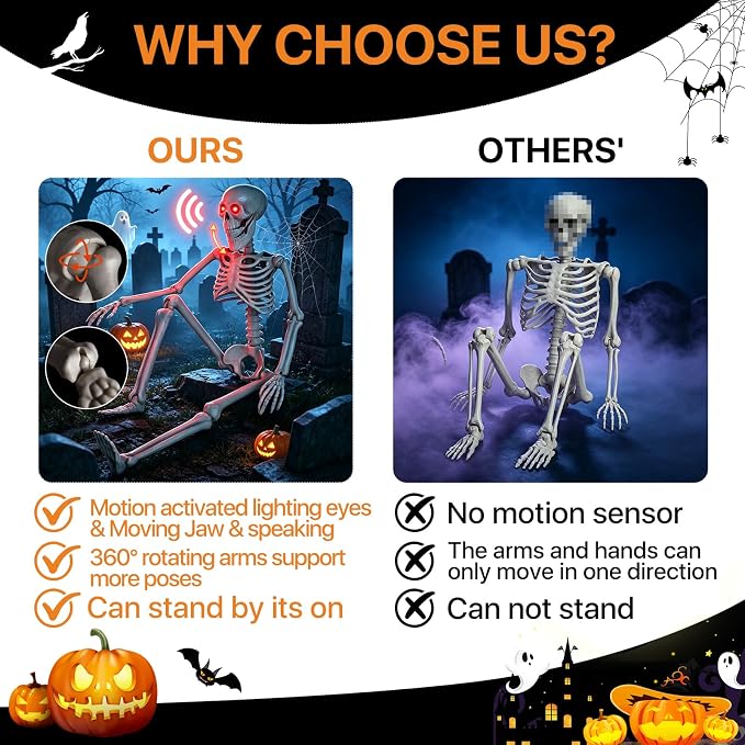 HBSTK 2 Pack 36 Inches Motion&Sound Activated Moving Jaw&Speaking&Glowing Eyes Pose-N-Stay Halloween Skeleton Life Size Full Body Posable Movable Jonints Halloween Decoration Décor
