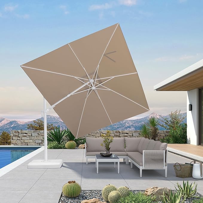 PURPLE LEAF 9' X 12' Right-left Tilt White Cantilever Umbrella with Base Patio Outdoor Swivel Umbrellas with Aluminum Tilt Offset Umbrella with 360° Rotation for Deck Pool, Beige