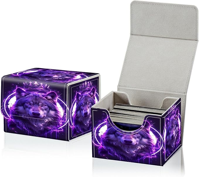 Card Deck Box for MTG, Cards Storage Box Fits 120+ Sleeved, Leather Small Size Strong Magnetic Closing Card Case for Board Games Magic TCG CCG Baseball Collection, Cool Wolf Purple