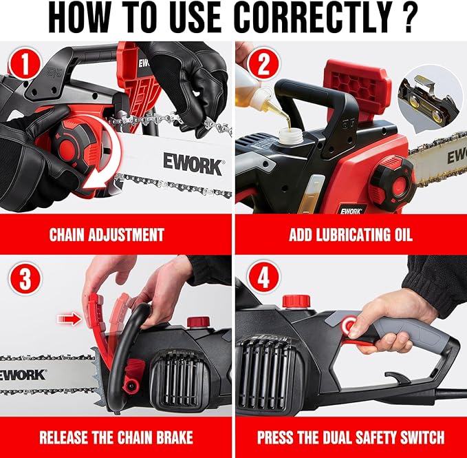 EWORK Electric Chainsaw Corded 16-Inch 15 Amp Electric Chain Saws, Corded Chainsaw with Tool-Free Chain Tension, Auto Oiling, Low Kickback, Electric Chainsaw for Tree Cutting, Pruning, Firewood