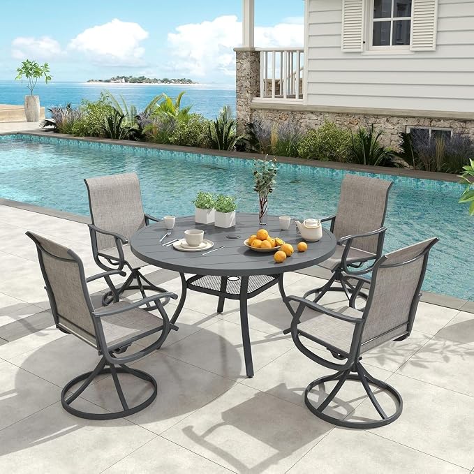 VICLLAX 40.6" Round Metal Outdoor Dining Table for 4, Patio Table with Umbrella Hole and Storage Shelf for Garden, Lawn, Deck, Grey