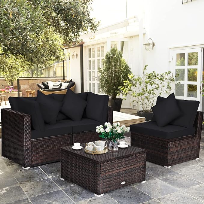 HAPPYGRILL 4-Piece Patio Conversation Set Outdoor Wicker Sofa Set, Modern Sectional Couch Set with Washable Cushions & Pillows, All Weather PE Rattan Patio Furniture Set