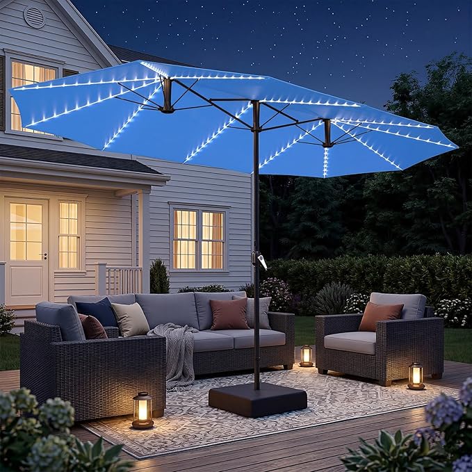 AECOJOY 15ft Double-Sided Patio Umbrella with Solar Lights, Outdoor Rectangle Market Large Patio Umbrella with Base Include|Crank Handle|156 PCS LED Lights for Garden Pool in Dark Blue(1.9" Pole)