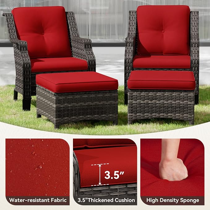 Wicker Patio Furniture Set - 4 Piece Rattan Outdoor Conversation Sets with 2 Wicker Patio Chairs,2 Ottomans for Garden, Backyard, Balcony and Deck