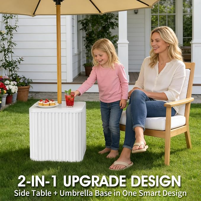 BoYata Outdoor Umbrella Side Table, 2-in-1 Outdoor Side Table with Umbrella Hole, 15.9 Gallon Fillable Umbrella Stand Base, Fit Up to 1.5" Pole, Square Patio Side Table for Poolside, Deck, Matte White