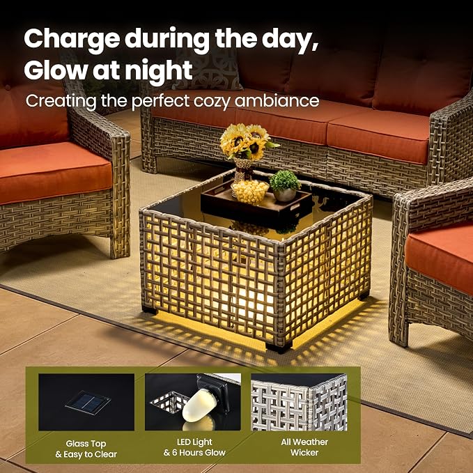 6 Piece Patio Furniture Set with Solar Lights Coffee Table, Outdoor Wicker High Back Sofa Chairs Ottomans with Cushions, All Weather Conversation Set for Backyard Porch Deck, Bold Orange