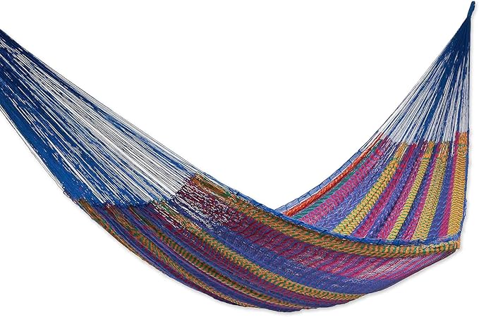 NOVICA Artisan Handmade Cotton Hammock Striped Rope Double Blue Orange Mexico Mayan [Bed Size 78in L x 70in W Total Length 158in L] ' Colors of Mexico' Double