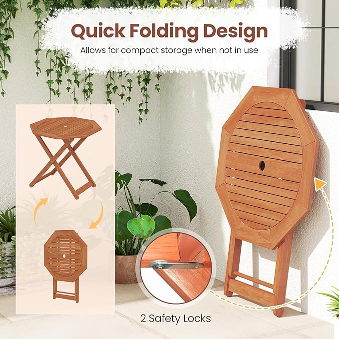 Tangkula 32-Inch Octagon Folding Outdoor Dining Table, Wood Patio Bistro Table with 2" Umbrella Hole and Slatted Tabletop, Outside Table for Garden, Yard, Porch, Teak Oil Finish, No Assembly Required