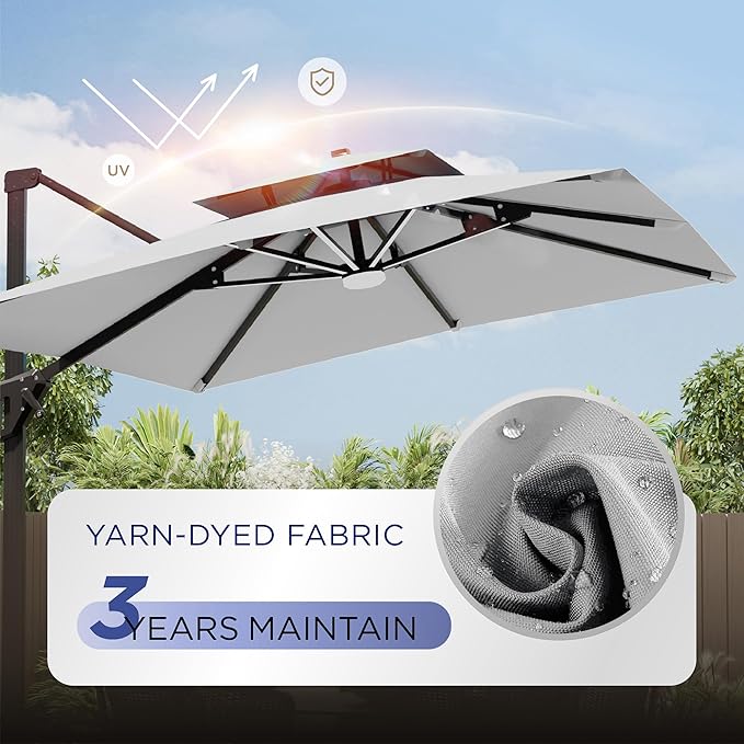 10' X 13' Patio Umbrella with LED Lights Outdoor Cantilever Large Rectangle Offset Umbrellas Heavy Duty Aluminum Double Top with 360-degree Rotation for Pool Garden Deck, Fog Grey