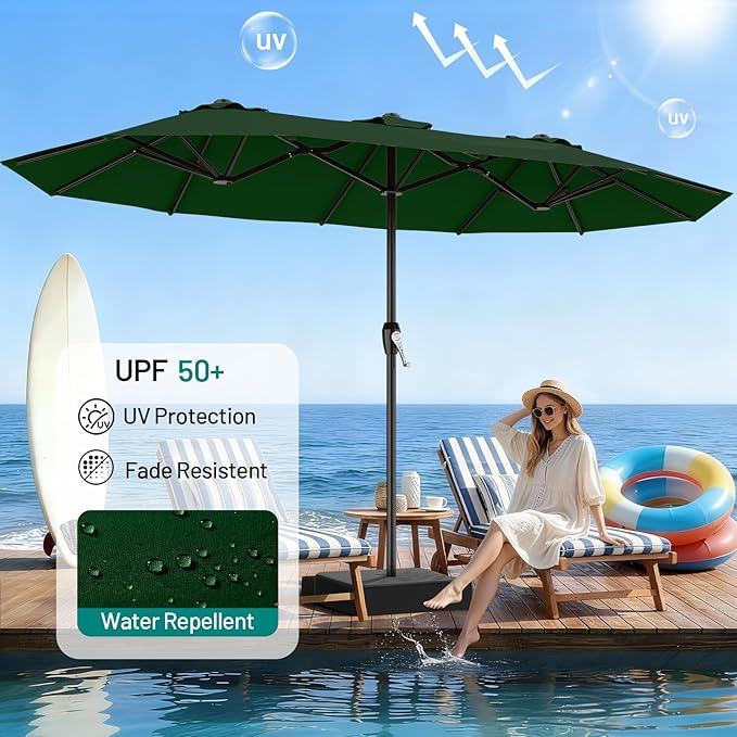 AreShark 15ft Patio Umbrella with Base, Double Sided Outdoor Umbrella with 12 Fiberglass Ribs, Large Outdoor Umbrella for Garden, Pool, Deck, Backyard & Market, Dark Green