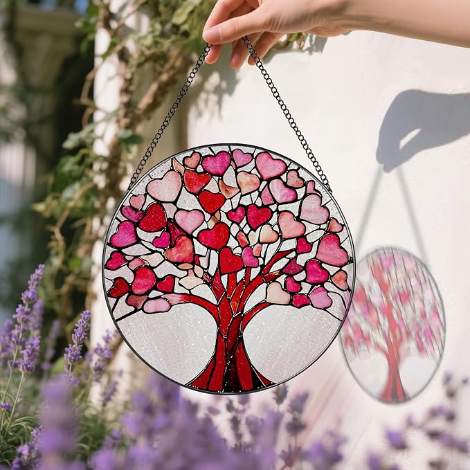 Stained Glass Window Hanging - 8 Inch Love Heart Tree Suncatcher, Sun Catchers Indoor Window | Valentine’s Day, Mother's Day, Christmas, Anniversary, Birthday Gifts for Lover, Wife, Girlfriend, Mom