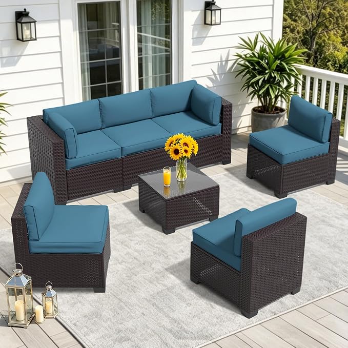 7 Pieces Outdoor Patio Furniture Set, Wicker Modular Sectional Sofa, All Weather Conversation Sets with Glass Table for Yard, Garden, Poolside, Dark Brown Rattan & Peacock Blue Cushions