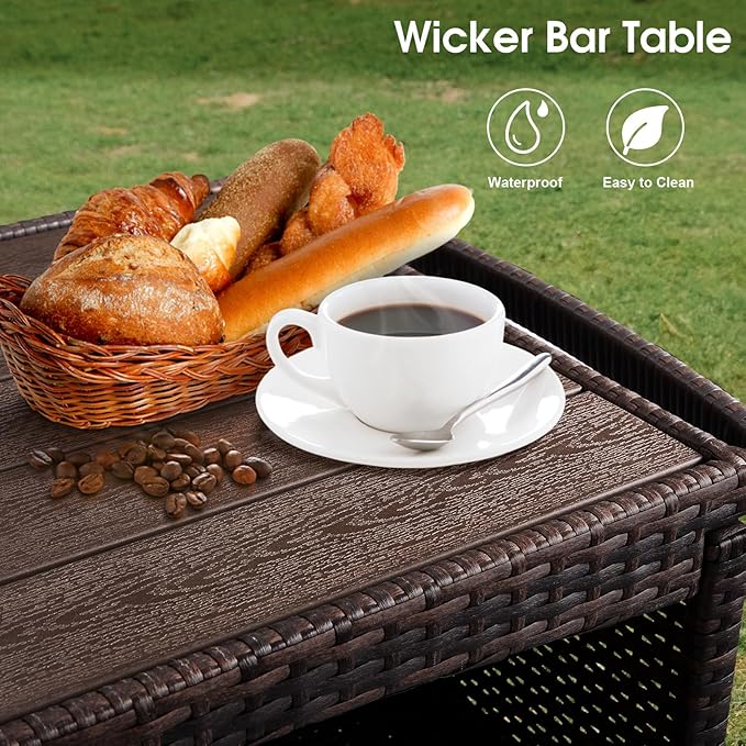 Outvita Patio Bar Table, Weatherproof Buffet Cabinet Wicker Outdoor Storage Cart with 2 Doors & Shelves Wooden Tabletop for Tableware Wine Bottle and Glass, Towels, and Potting Supplies