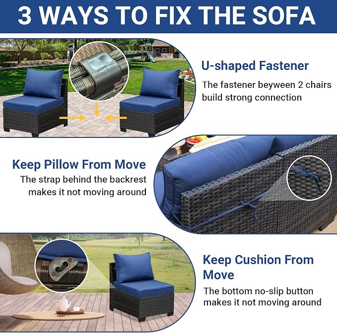 Jing's Villa 7-Piece Patio Furniture Set, All-Weather Outdoor Wicker Sectional Sofa with Cushions, Tempered Glass Table & Ottoman, Rattan Conversation Seating for Porch, Garden, Backyard,Navy