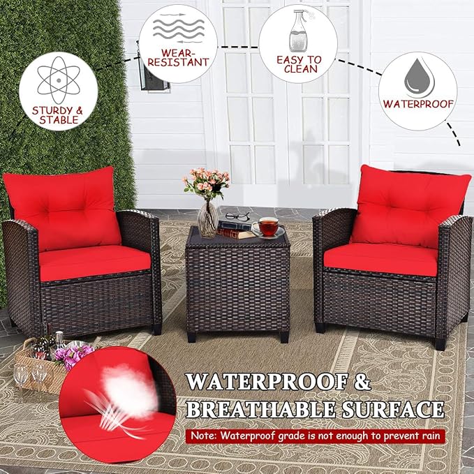 DORTALA Wicker Patio Furniture Set 3 Piece, Outdoor Table and Chairs with Tempered Glass Tabletop, Cushions, Small Rattan Conversation Sofa Set for Balcony, Porch, Backyard, Deck, Red