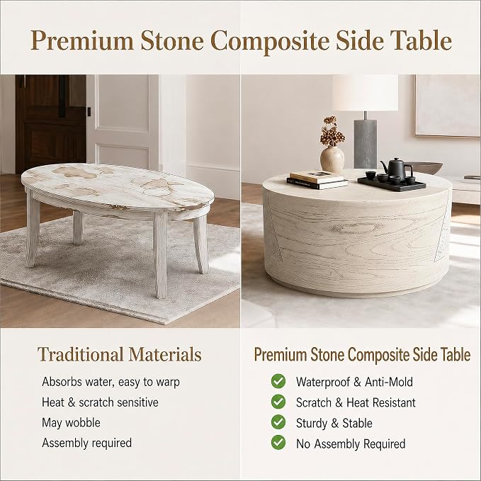LIVILAND 27.6" Round Drum Coffee Table, Modern MgO Weatherproof Outdoor Center Table for Living Room, Patio & Balcony, Japandi Faux Wood Grain, No Assembly Required (Ivory Oak Travertine)