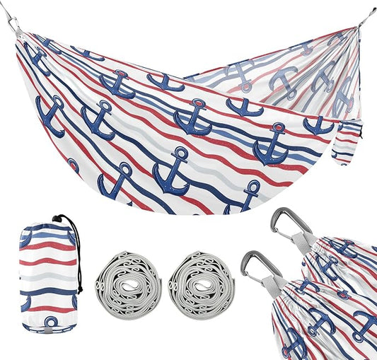 Camping Hammock Outdoor Hammocks for Outside Marine Stripe Beach Trees Portable Lightweight with Pockets Tree Straps Indoor
