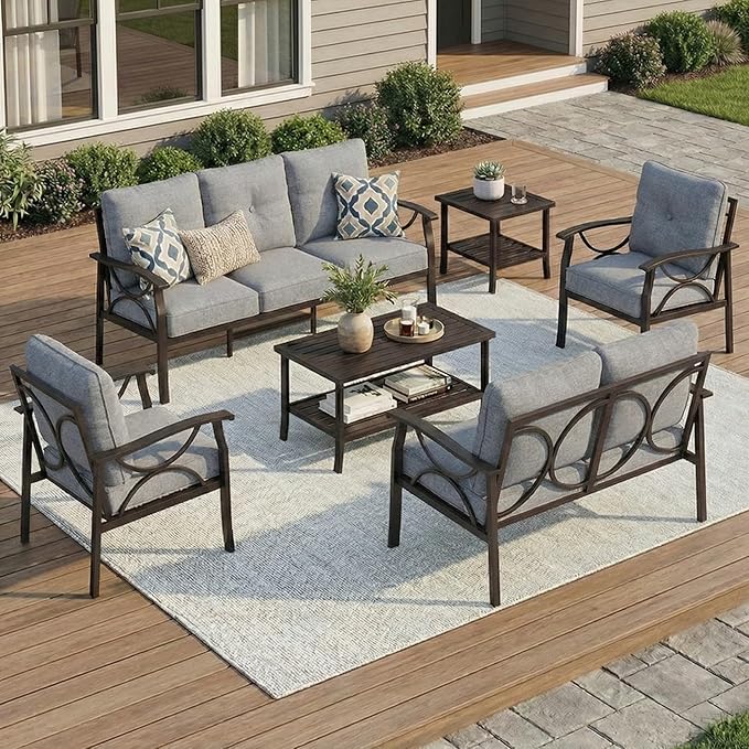 RoyalCraft 6-Pieces Outdoor Patio Furniture Set, Outdoor Metal Sectional Furniture with Cushions, Outdoor Conversation Seating Set with Coffee Table for Balcony, Backyard, Garden, Deck, Grey